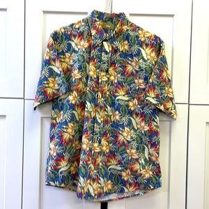 “NATURAL ISSUE” ALOHA SHIRT LG 100% COTTON BLUE WITH MULTI COLORED FLORAL PRINT